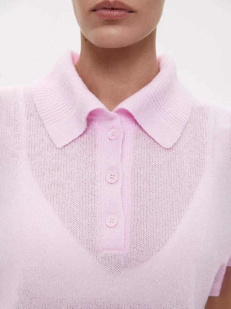 Casual Short Sleeve Knit Pullover For Women Lapel Patchwork See-Through Solid Commute Hollow Out Knitwear Sweater Pullover