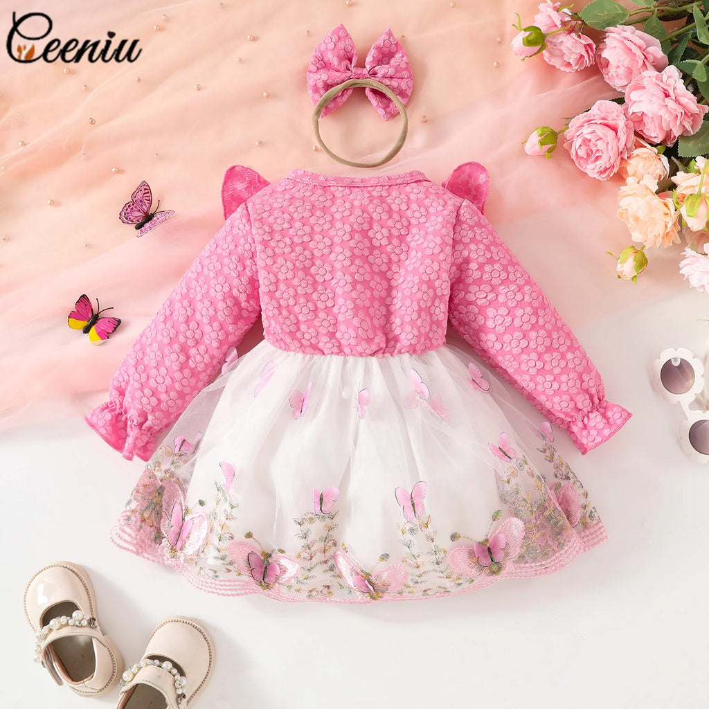 Ceeniu Baby Dresses For Birthday Long Sleeve Ruffles Bow Butterfly Party Dress For Girls 2024 Toddler Newborn Girl Clothes 2024