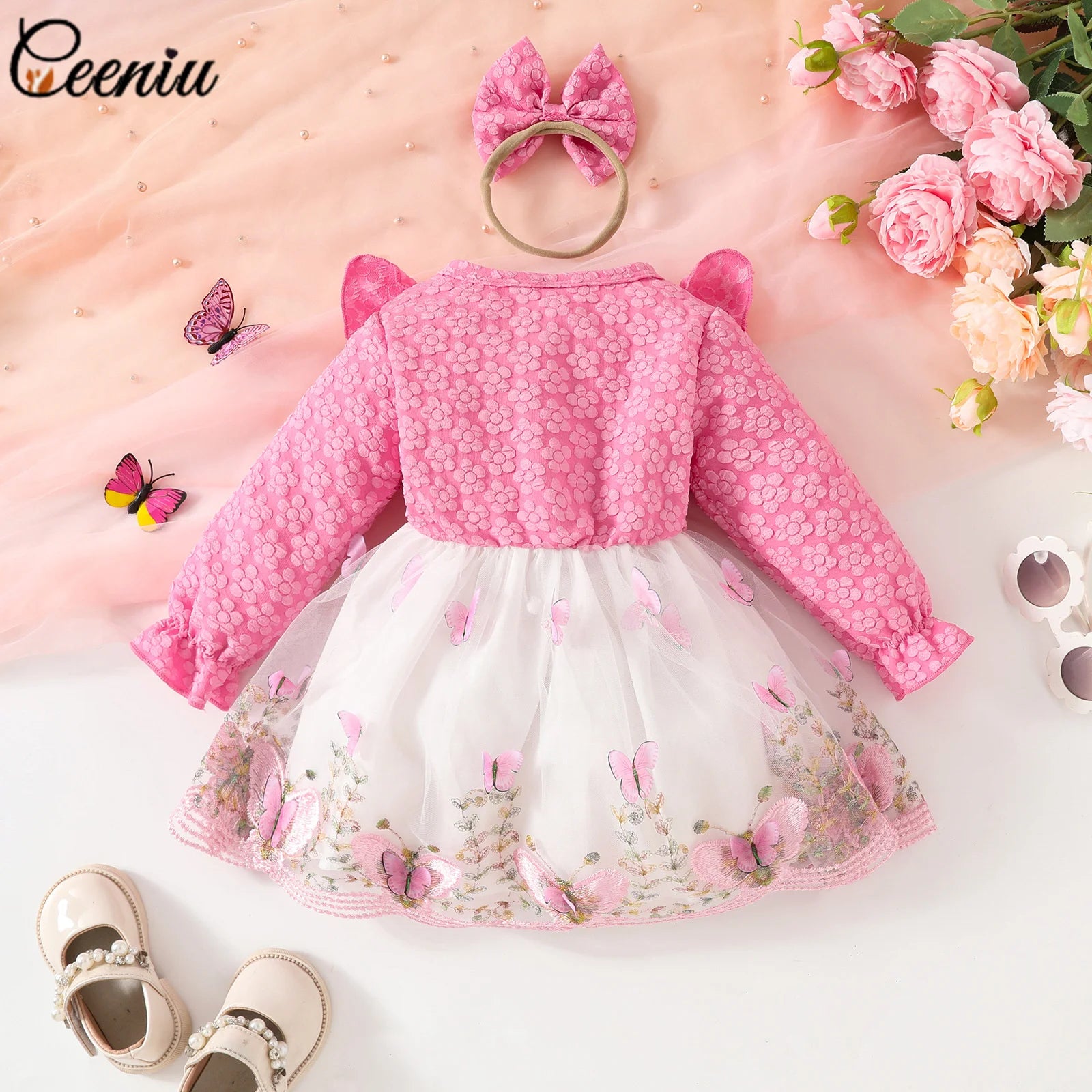 Ceeniu Baby Dresses For Birthday Long Sleeve Ruffles Bow Butterfly Party Dress For Girls 2024 Toddler Newborn Girl Clothes 2024