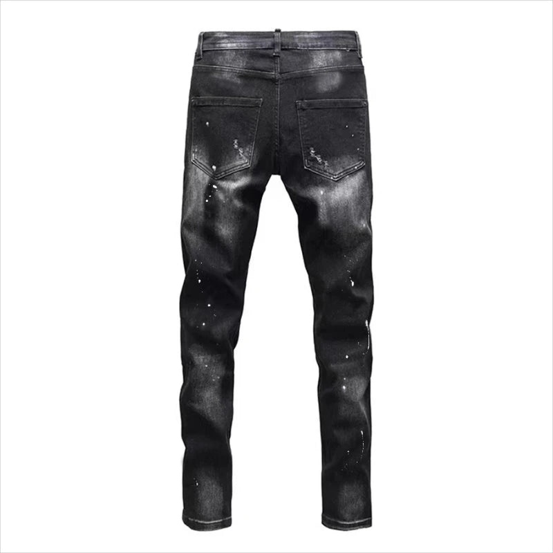 Vintage Washed Distressed Denim Jeans Men Paint Splatter Ripped Slim Fit Biker Trousers Street Style Hip Hop Pants for Guys