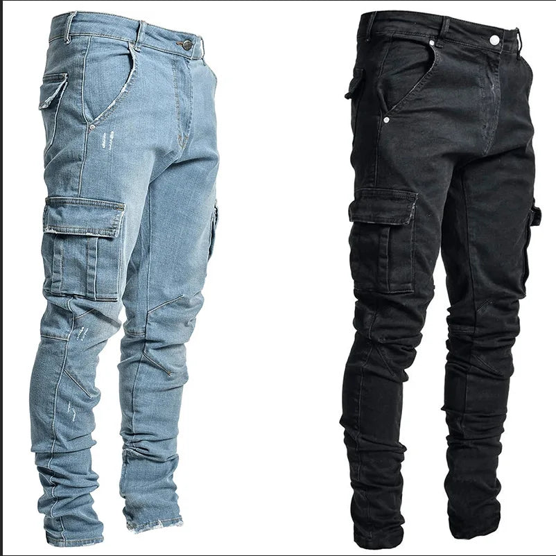 Mens Stretchy Skinny Ripped Jeans Men Side Pocket Washed Slim Denim Pants Biker Jeans Fashion Sweatpants Hip Hop Trousers Jogger