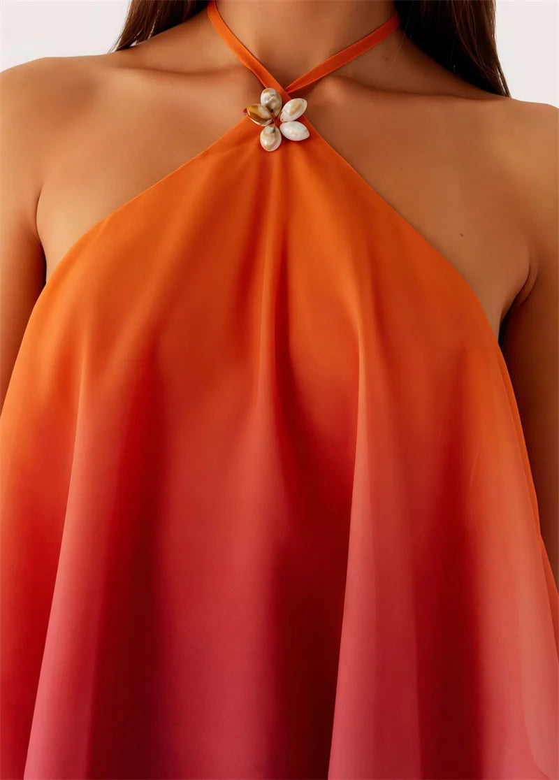 Mozision Gradient Halter Backless Sexy Mini Dress Women Gown Elegant Mesh Zipper Off-shoulder Sleeveless Club Party Dresses