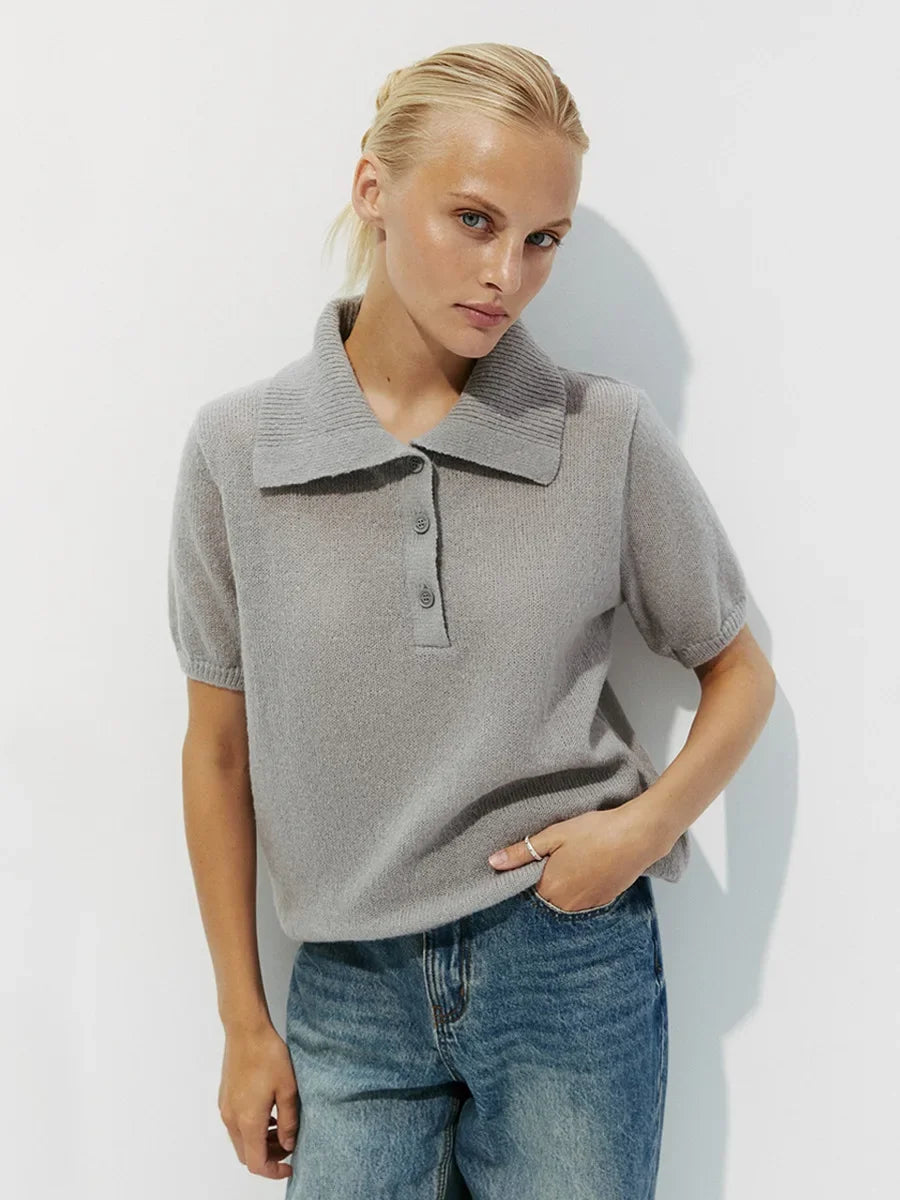 Casual Short Sleeve Knit Pullover For Women Lapel Patchwork See-Through Solid Commute Hollow Out Knitwear Sweater Pullover