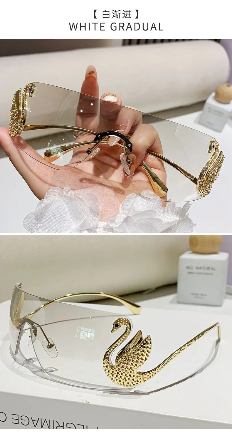 New Fashion Women Oversized Rimless Sunglasses Luxury Brand Swan Shaped Sun Glasses Trendy Large Frame Sun Glasses UV400