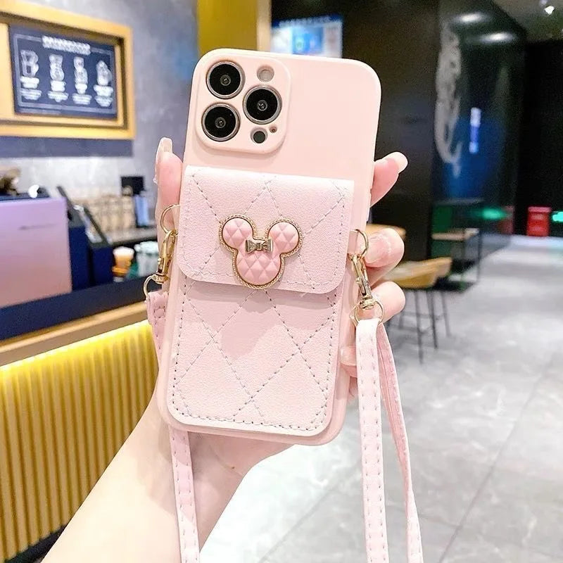 Cartoon Diamond Leather Wallet Case for iPhone 17 16 14 13 11 12 15 Pro Max Plus XS X 16E Card Holder Crossbody Lanyard Cover