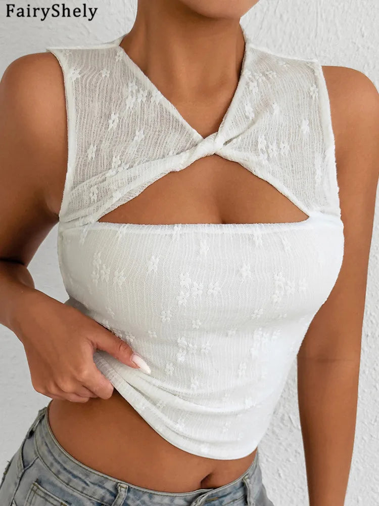 Fairyshely 2026 Sexy Summer Sleeveless Short Lace Top Women Hollow Bodycon Crop Tops Lady Solid Off Shoulder Club Party Clothes
