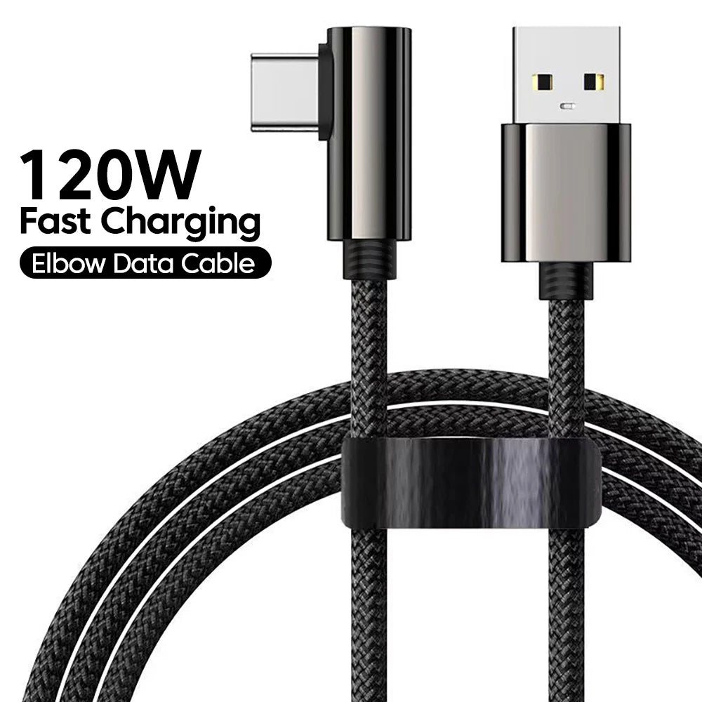 120W USB Fast Charging Cable QC3.0 Type-C Quick Charge Data Wire USB C Elbow Data Line For iPhone 17 16 15 Samsung Xiaomi POCO