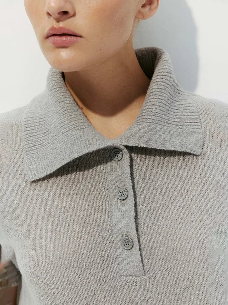 Casual Short Sleeve Knit Pullover For Women Lapel Patchwork See-Through Solid Commute Hollow Out Knitwear Sweater Pullover