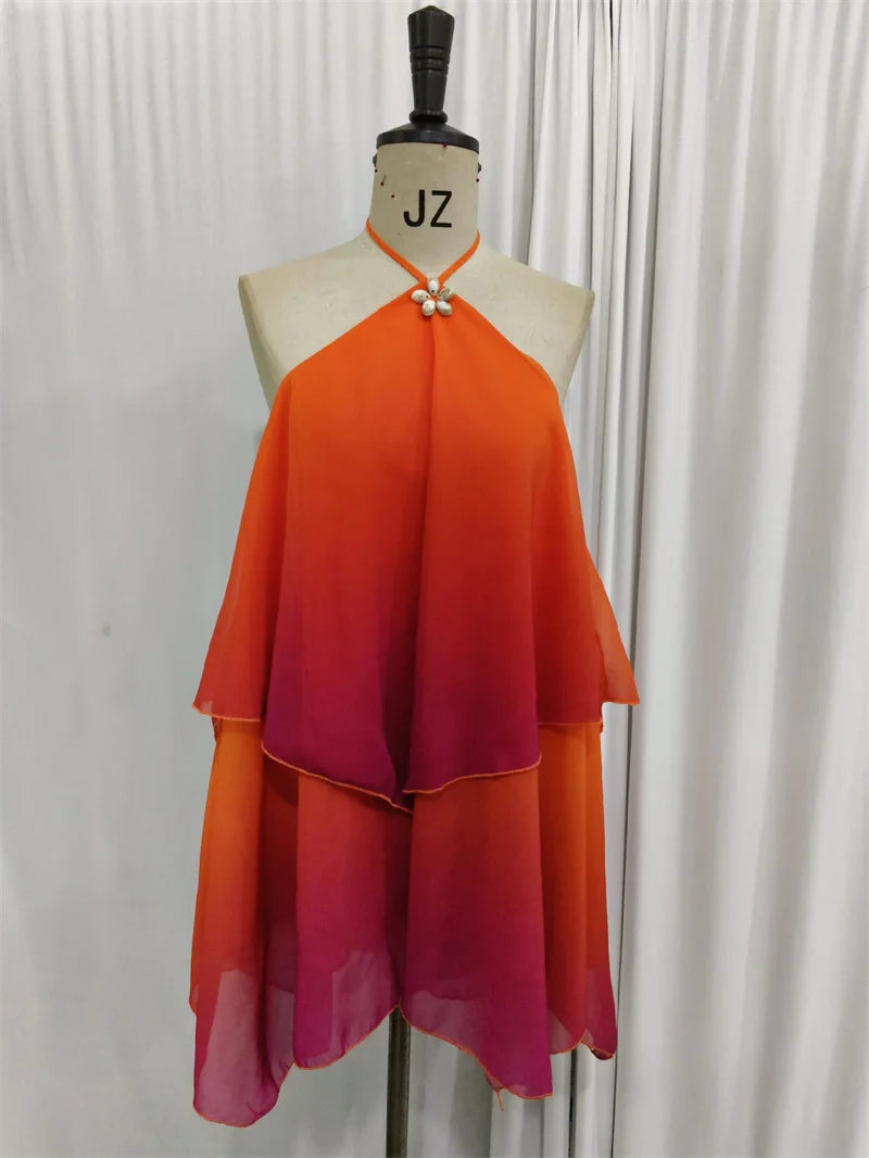 Mozision Gradient Halter Backless Sexy Mini Dress Women Gown Elegant Mesh Zipper Off-shoulder Sleeveless Club Party Dresses