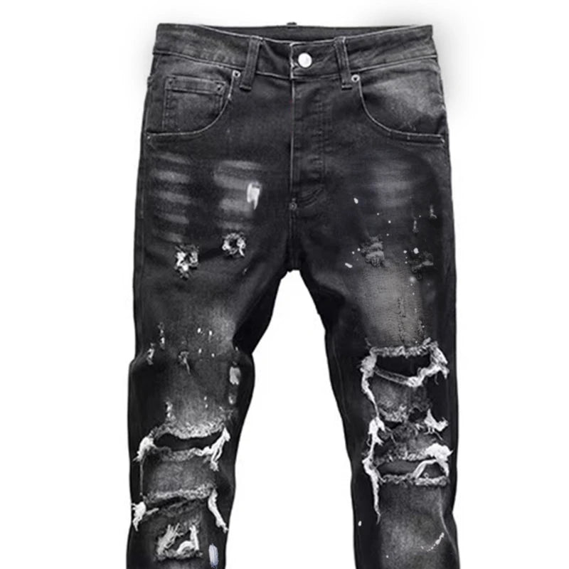 Vintage Washed Distressed Denim Jeans Men Paint Splatter Ripped Slim Fit Biker Trousers Street Style Hip Hop Pants for Guys
