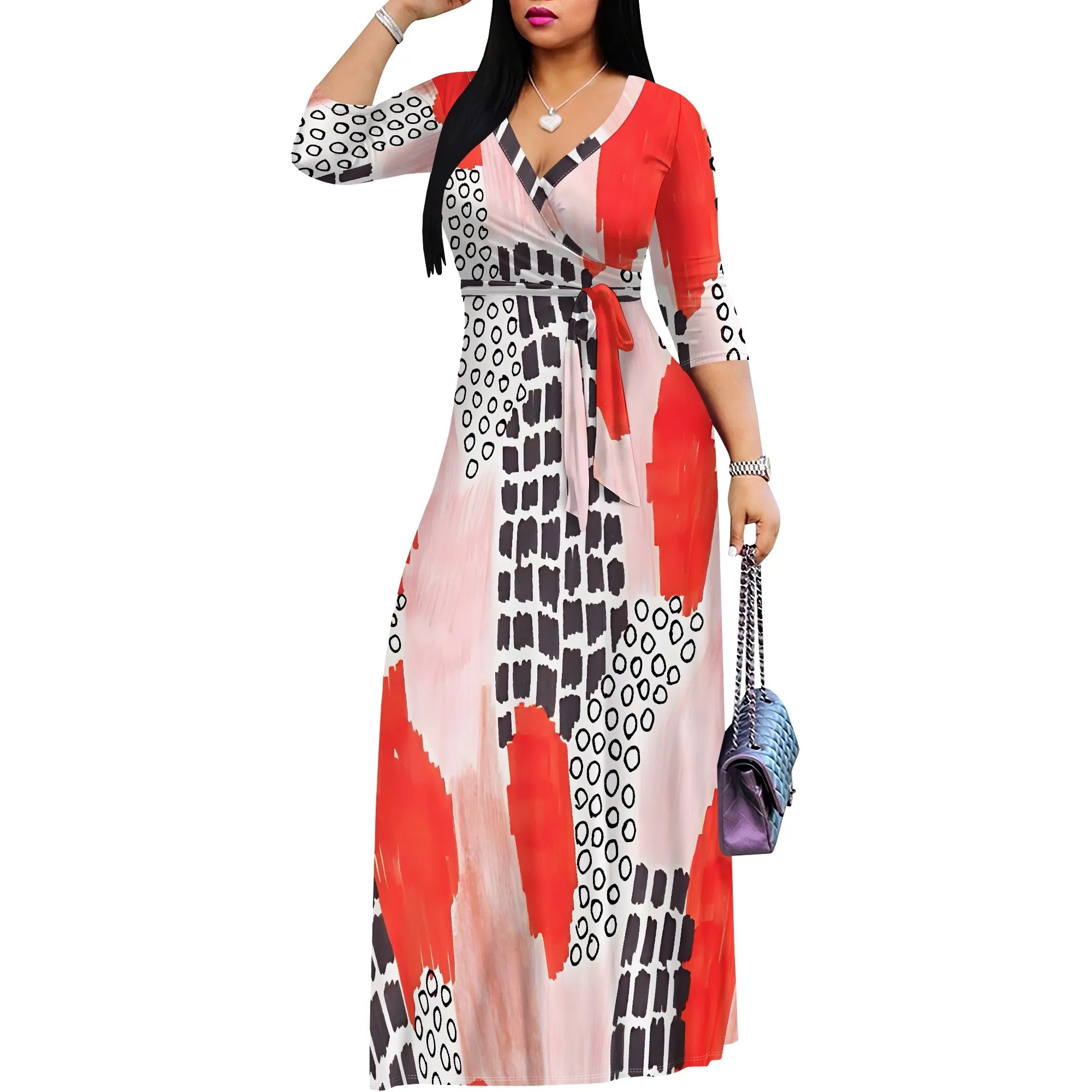 Pullover Sexy V Neck Short Sleeve Loose Long Dress for Women Fashion Printed Summer Beach Party Casual Maxi Dresses
