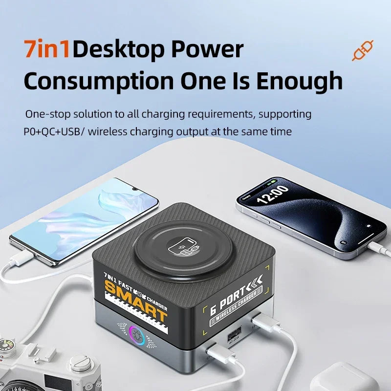 200W 7-in-1 Smart Charger PD Fast Charging USB Type C Power Station for iPhone 16 15 pro Max Multi-Device Charging Station