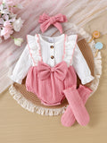 3pcs  Spring new girl 0-1 years old sweet and cute white long-sleeved pink one-piece suit