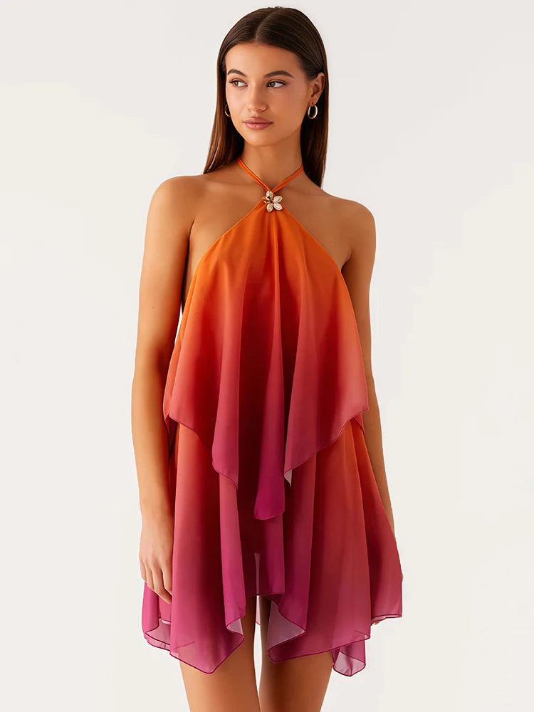 Mozision Gradient Halter Backless Sexy Mini Dress Women Gown Elegant Mesh Zipper Off-shoulder Sleeveless Club Party Dresses