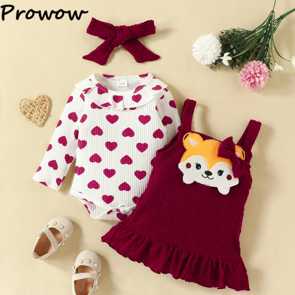 Prowow Cute Fox Baby Dresses For Girls Heart Print Romper+Suspender Fox Dress For Girls Fall Winter Newborn Baby Girl Clothes