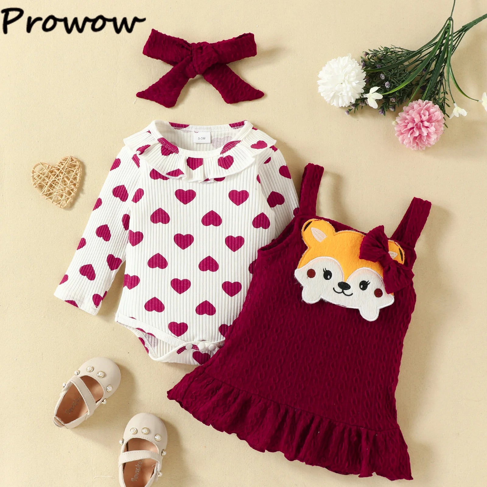 Prowow Cute Fox Baby Dresses For Girls Heart Print Romper+Suspender Fox Dress For Girls Fall Winter Newborn Baby Girl Clothes