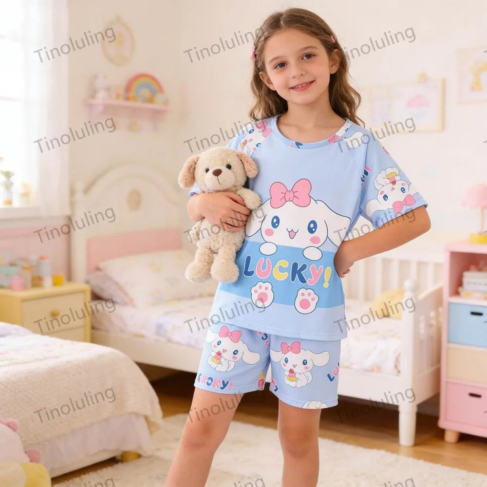 3 to 12 Years Girls Pajamas Summer Pyjamas Sets Kids Hello Kitty Cat Kuromi Tops+Short Pants Sleep Wear Little Girl Clothing