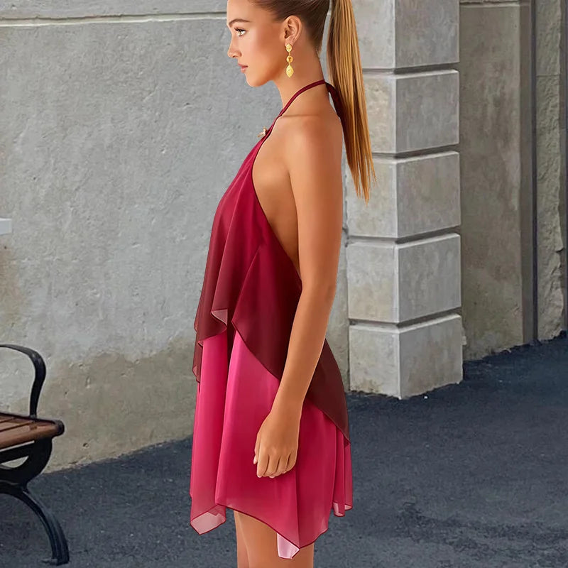 Mozision Gradient Halter Backless Sexy Mini Dress Women Gown Elegant Mesh Zipper Off-shoulder Sleeveless Club Party Dresses