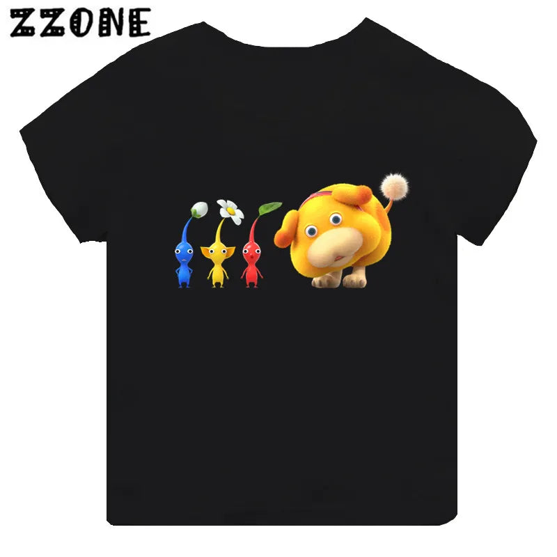 Hot Sale Video Game Pikmin 4 Print Cartoon Kids T-shirt Girls Clothes Baby Boys Black Short Sleeve T shirt Children Tops,TH5868