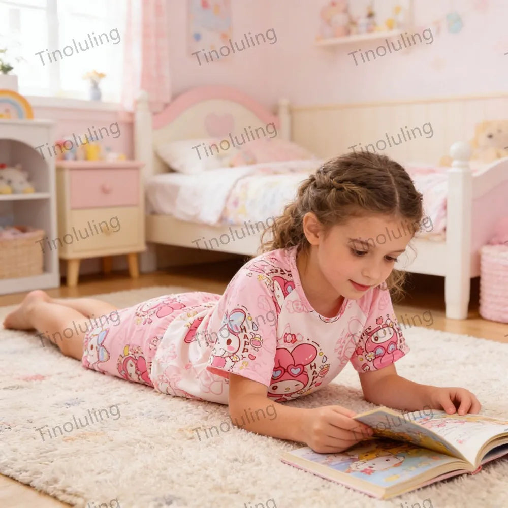 3 to 12 Years Girls Pajamas Summer Pyjamas Sets Kids Hello Kitty Cat Kuromi Tops+Short Pants Sleep Wear Little Girl Clothing