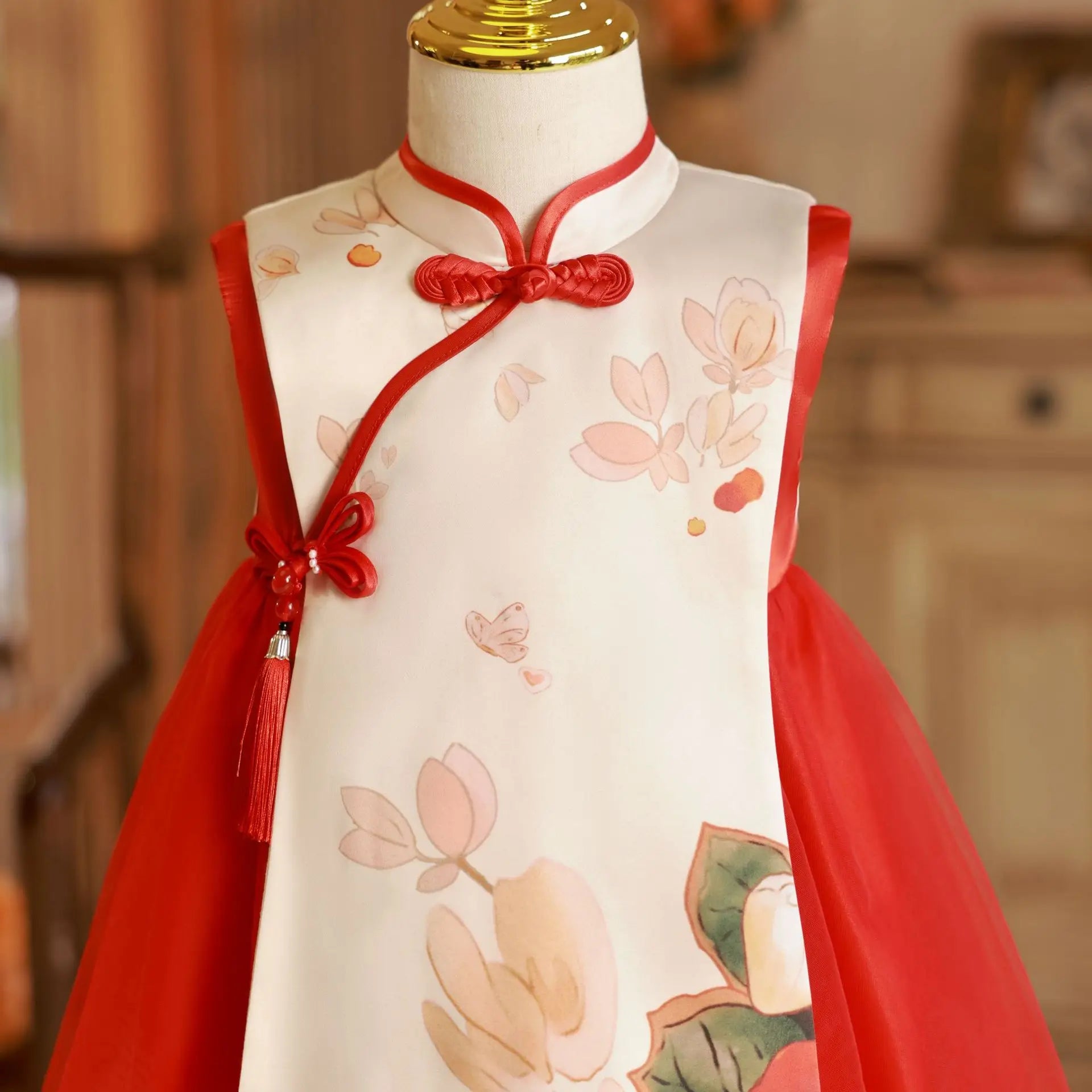 Summer Toddler Girl Clothes Chinese Style Fashion Princess Red Sleeveless Mesh Baby Dresses Luxury Birthday Kids Dress BC569