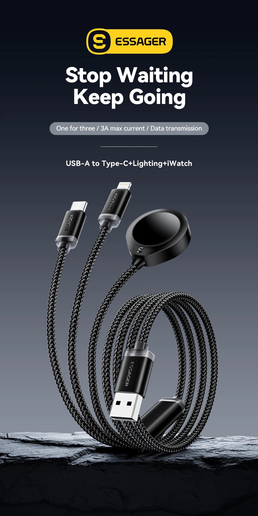 Essager 3 in 1 Multi USB A Charging Cable for Apple iWatch iPhone 16/15/14/13 Pro With USB Type C Lightning Fast Charging Cable