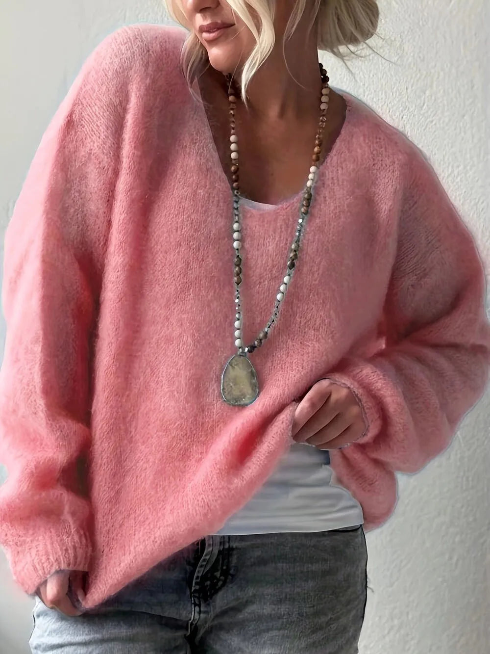 Lady Pullover Sweater Autumn Elegant V-neck Sweater Tops Causal Long Sleeve Solid Color Knitted Autumn Winter Womens Clothing