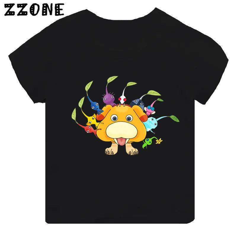 Hot Sale Video Game Pikmin 4 Print Cartoon Kids T-shirt Girls Clothes Baby Boys Black Short Sleeve T shirt Children Tops,TH5868