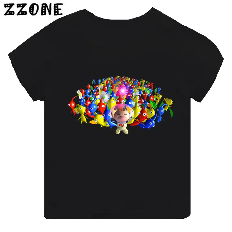 Hot Sale Video Game Pikmin 4 Print Cartoon Kids T-shirt Girls Clothes Baby Boys Black Short Sleeve T shirt Children Tops,TH5868