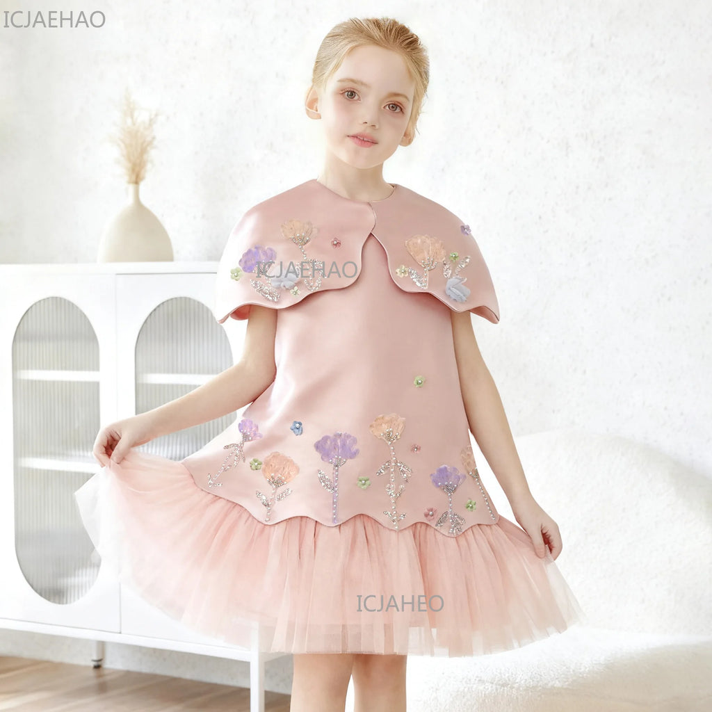 Festive Dress for Girl Baby Dresses for Eid Flowers Birthday Party Clothes Princess Formal Celebration Shawl Pink Skirt Costumes