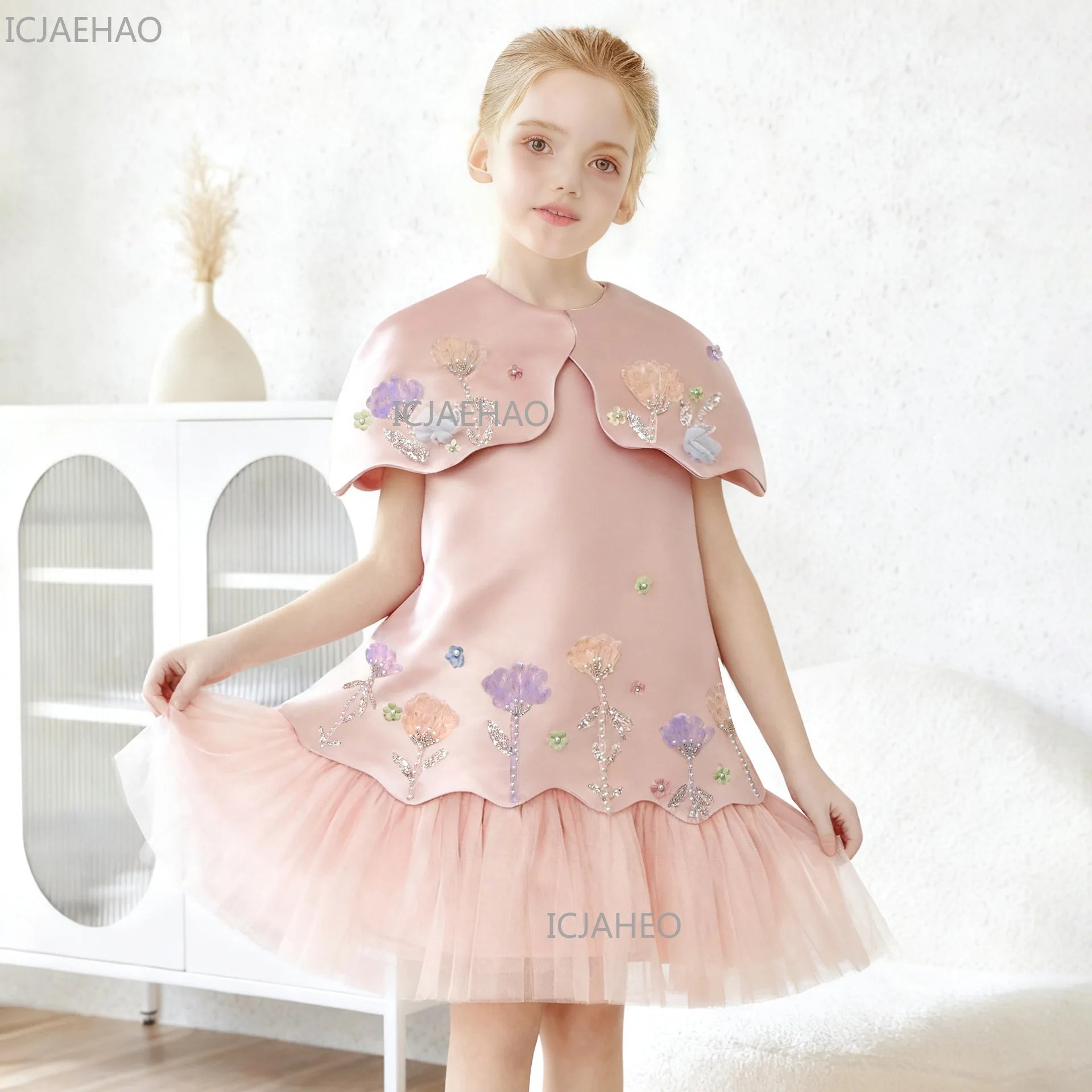 Festive Dress for Girl Baby Dresses for Eid Flowers Birthday Party Clothes Princess Formal Celebration Shawl Pink Skirt Costumes