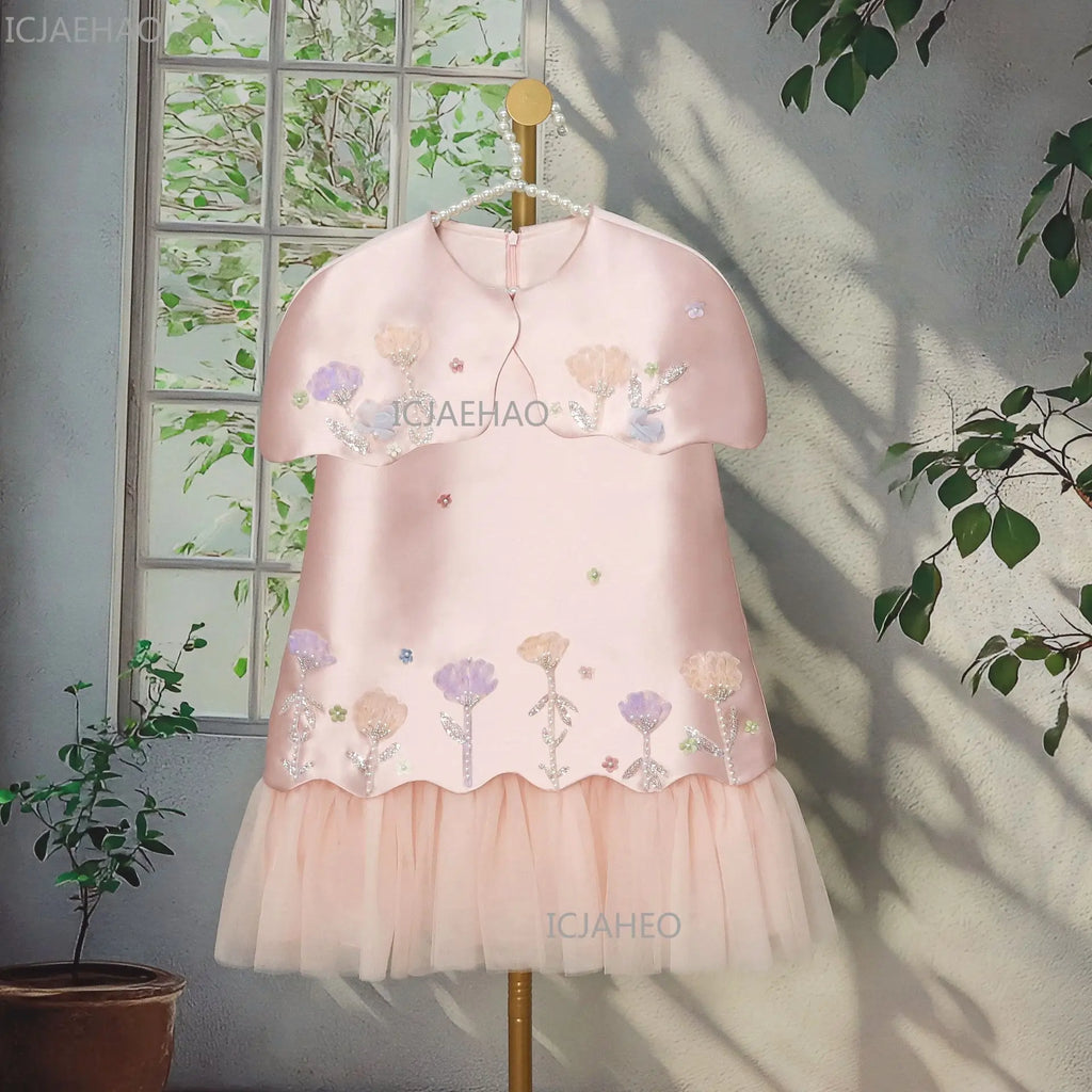 Festive Dress for Girl Baby Dresses for Eid Flowers Birthday Party Clothes Princess Formal Celebration Shawl Pink Skirt Costumes