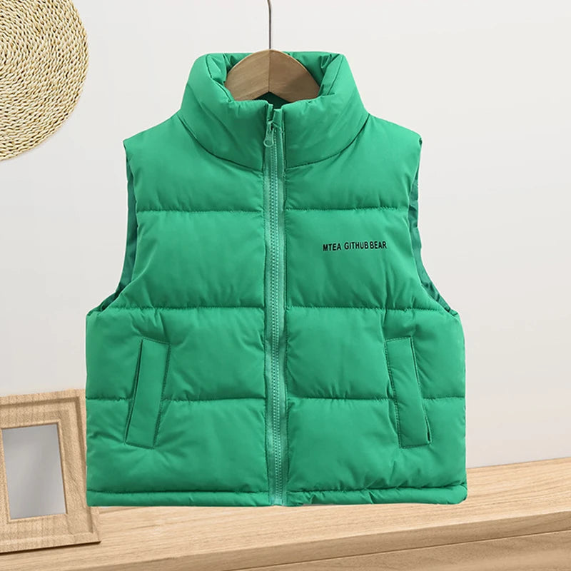 3 4 5 6 8 10 12 14 Years Girls Down Vest Solid Color Letter Print Thick Keep Warm For Teen Boys Autumn Winter Heavy Waistcoat