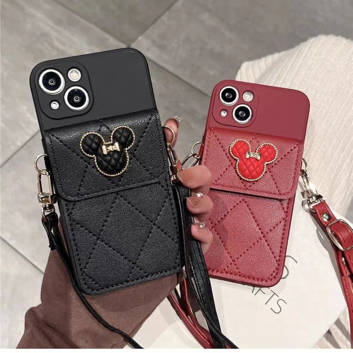 Cartoon Diamond Leather Wallet Case for iPhone 17 16 14 13 11 12 15 Pro Max Plus XS X 16E Card Holder Crossbody Lanyard Cover