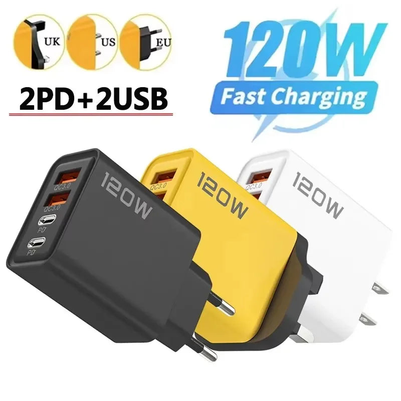 4 Ports 120W Charger USB C PD Quick Charge 3.0 Type C USB Phone Chargers Super Fast Charging Adapter For iPhone Samsung Xiaomi