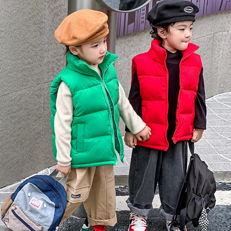 3 4 5 6 8 10 12 14 Years Girls Down Vest Solid Color Letter Print Thick Keep Warm For Teen Boys Autumn Winter Heavy Waistcoat
