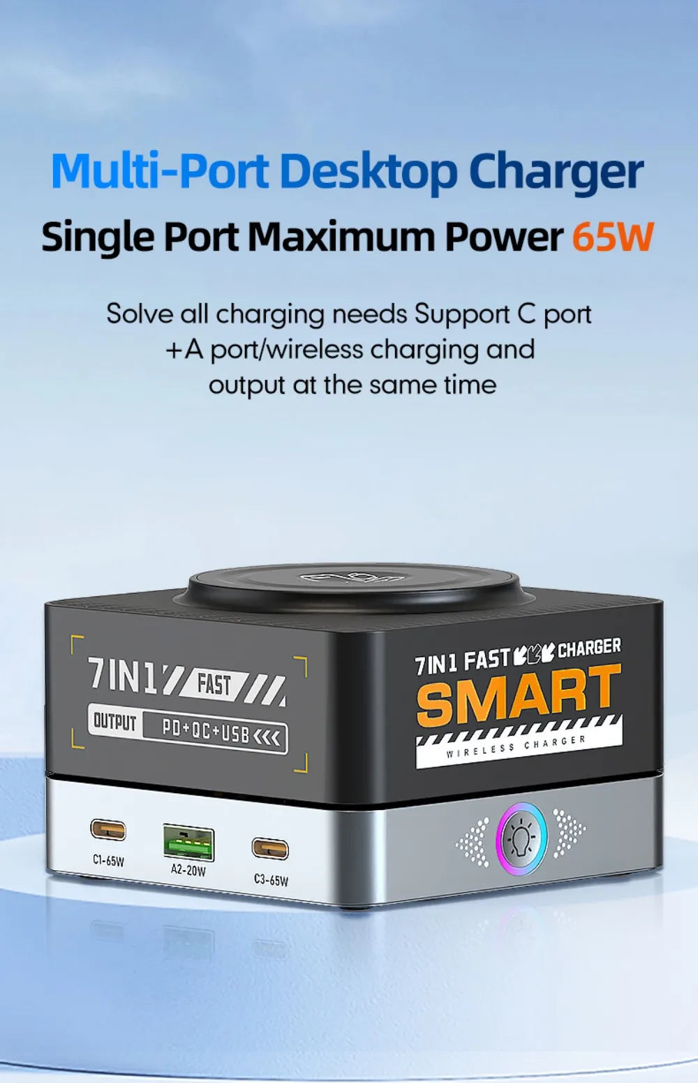 200W 7-in-1 Smart Charger PD Fast Charging USB Type C Power Station for iPhone 16 15 pro Max Multi-Device Charging Station