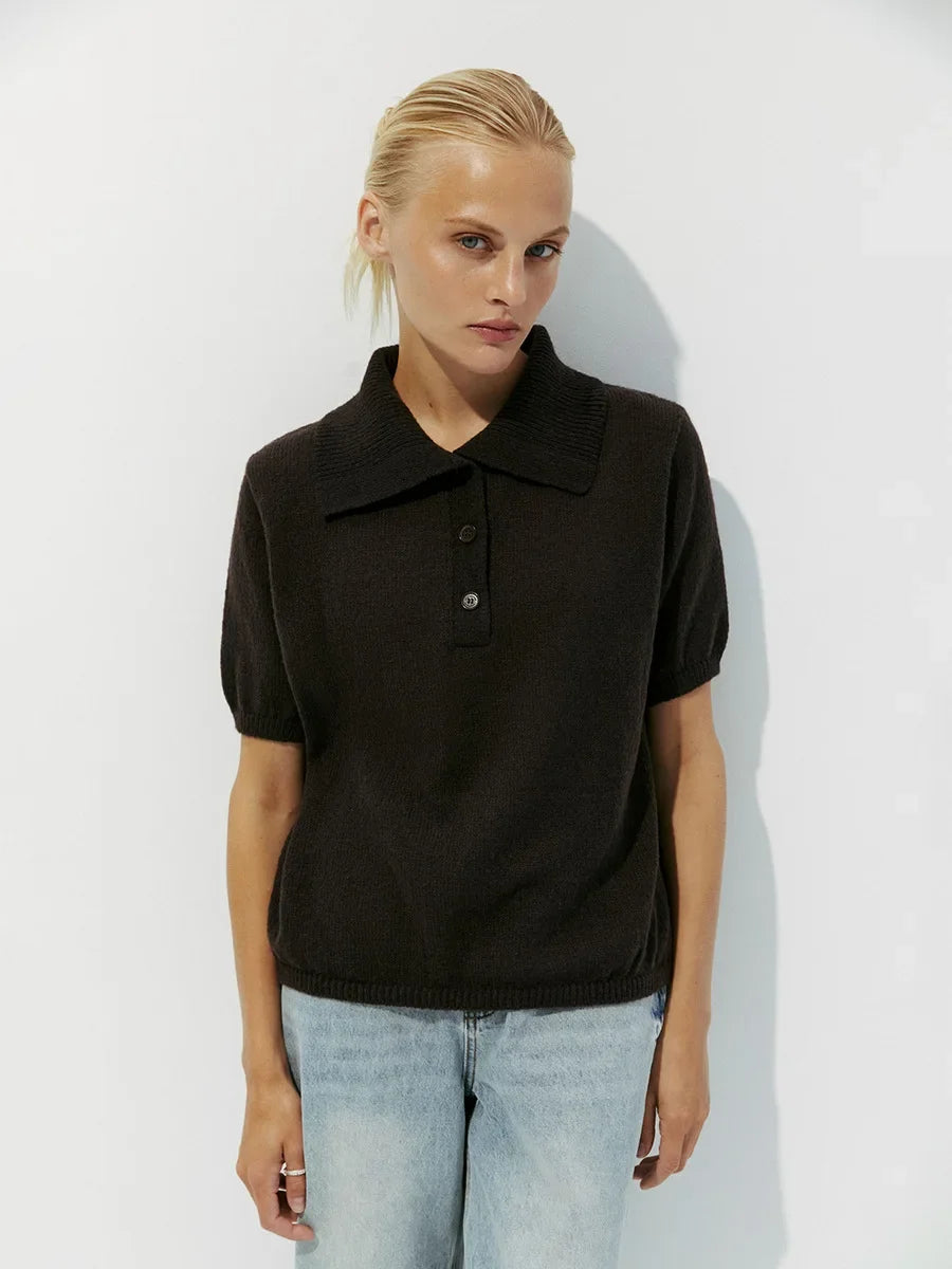 Casual Short Sleeve Knit Pullover For Women Lapel Patchwork See-Through Solid Commute Hollow Out Knitwear Sweater Pullover