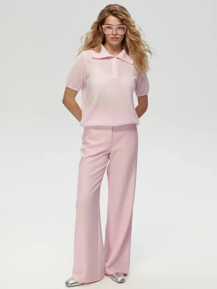 Casual Short Sleeve Knit Pullover For Women Lapel Patchwork See-Through Solid Commute Hollow Out Knitwear Sweater Pullover