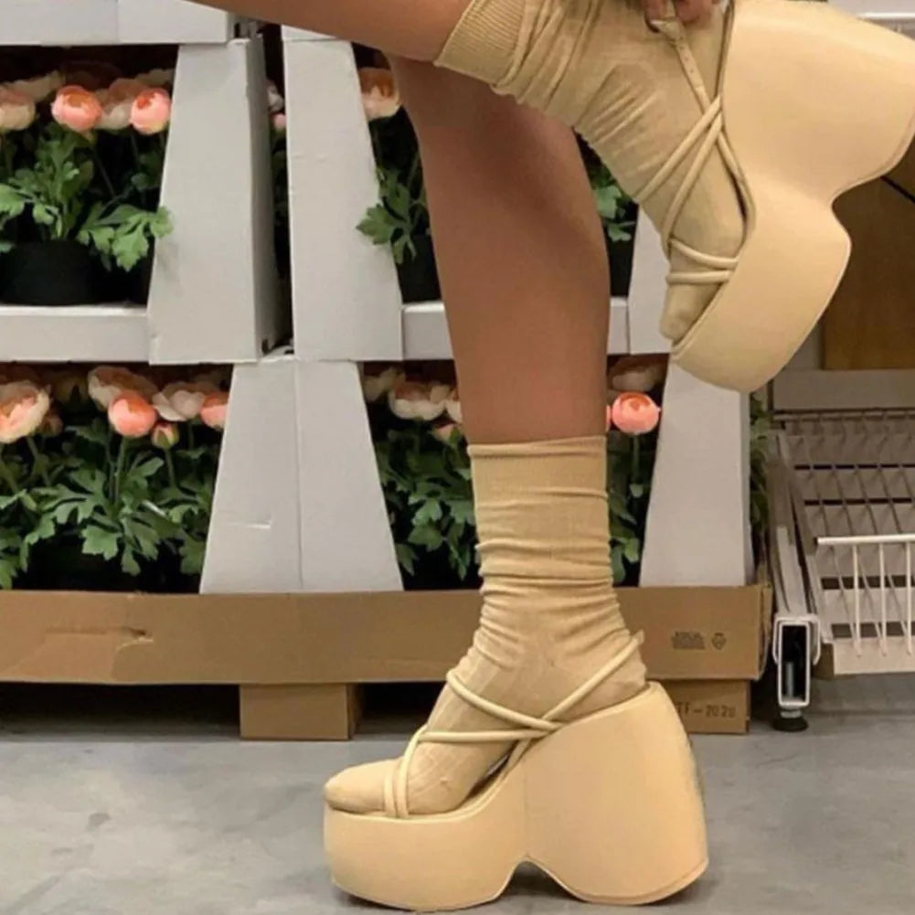 Summer High Heel Sandals Women Fashion Square Head Open Toe Thin Waterproof Platform Wedges with Metal Buckle