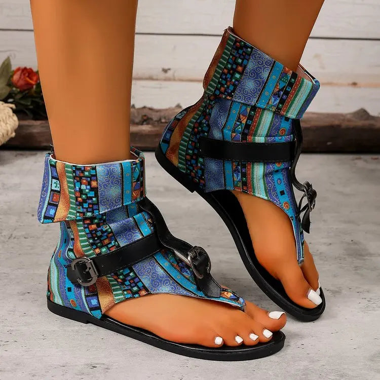 Summer Women Sandals Trend New Clip Toe Roman Sandals Denim Belt Buckle Large Size High Top Flat Boots Dressy Casual Shoes Women
