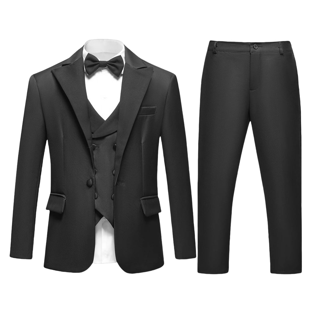 Vintage 4-Piece Suit Set for Boys 3-14 Years, Black Peak Laple Kids Formal Tuxedo Set, Blazer Vest Pants Bow-tie Graduation Suit