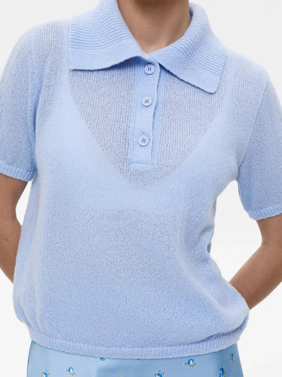 Casual Short Sleeve Knit Pullover For Women Lapel Patchwork See-Through Solid Commute Hollow Out Knitwear Sweater Pullover