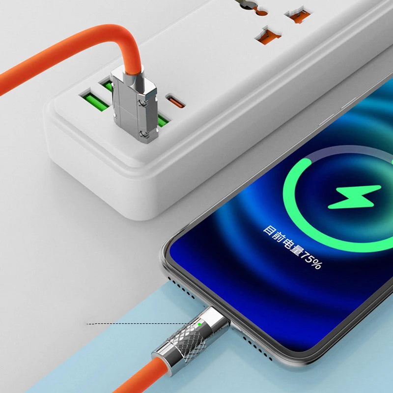 6A Micro USB 120W Fast Charging Cable Orange Blue Liquid Silica Gel Cable Zinc Alloy Joint 1M 1.5M 2M Microusb