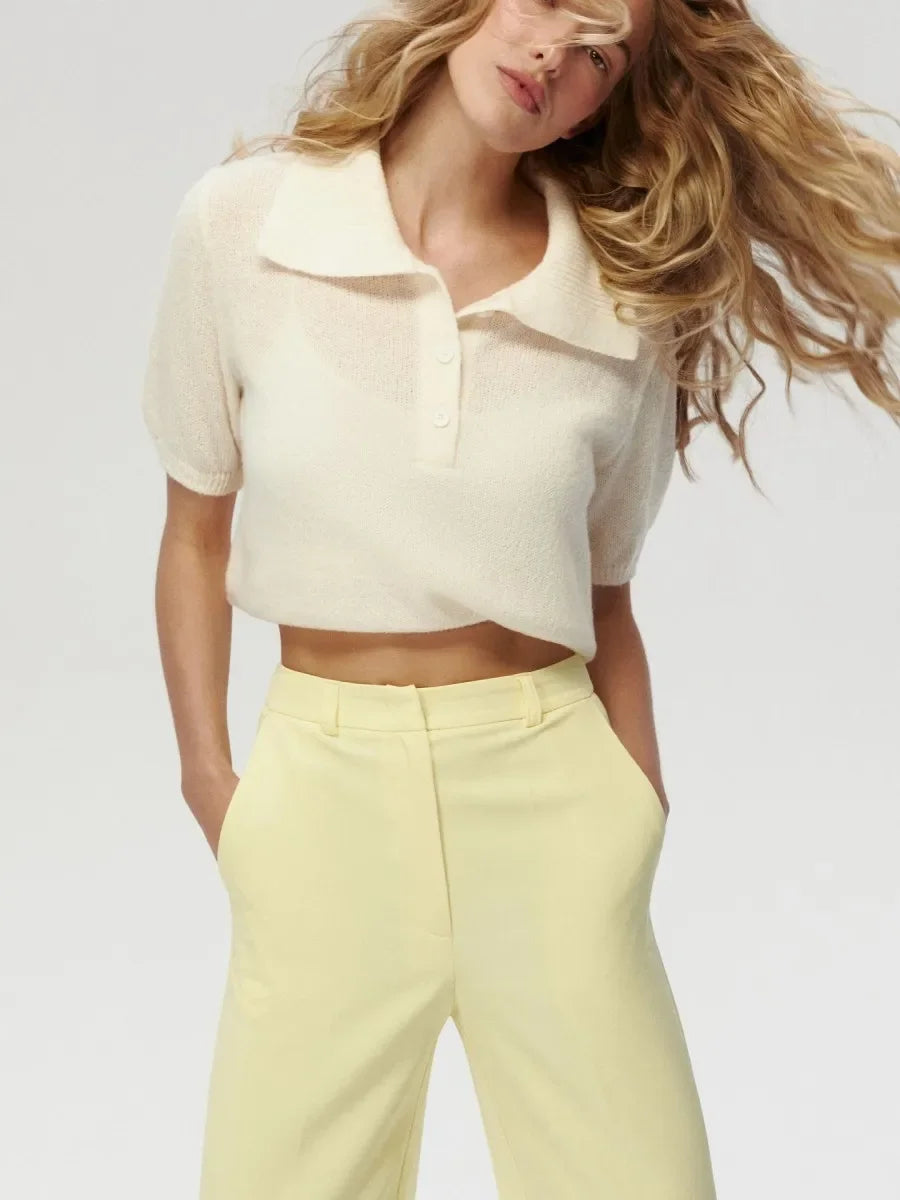 Casual Short Sleeve Knit Pullover For Women Lapel Patchwork See-Through Solid Commute Hollow Out Knitwear Sweater Pullover