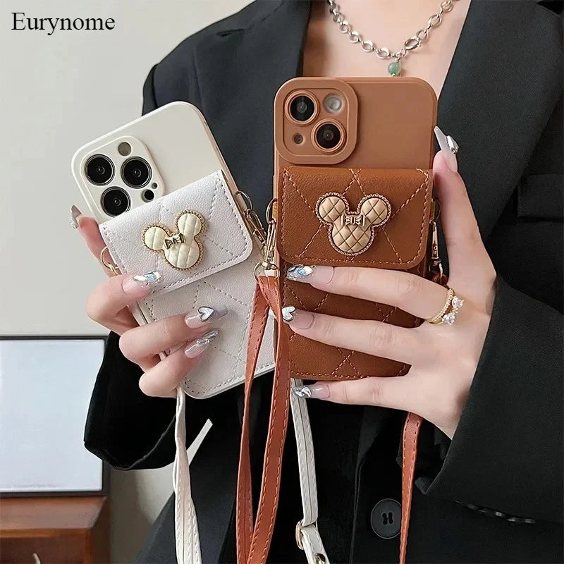 Cartoon Diamond Leather Wallet Case for iPhone 17 16 14 13 11 12 15 Pro Max Plus XS X 16E Card Holder Crossbody Lanyard Cover